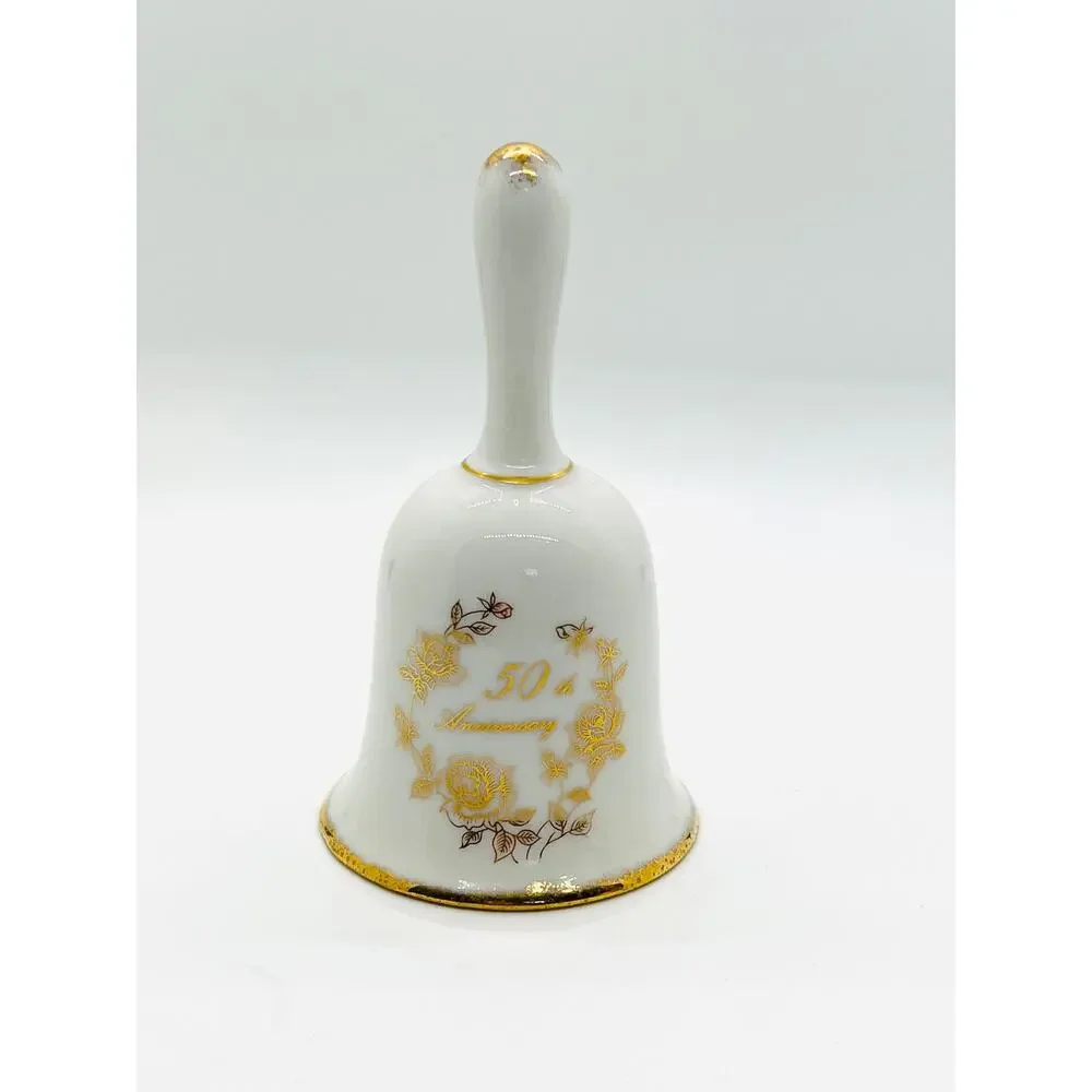 VTG Enesco 50th Golden Wedding Anniversary Porcelain‎ Bell White & Gold Floral